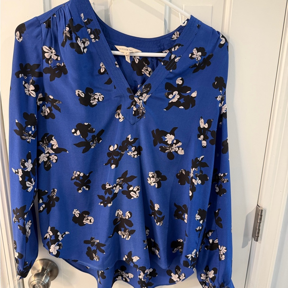 Rebecca Taylor Cobalt Blue Floral V-Neck Blouse